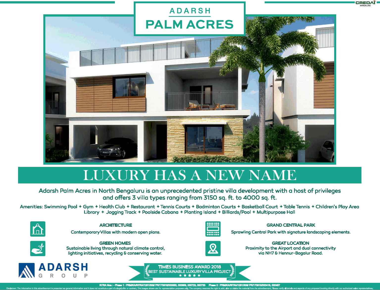 Book pristine 3 BHK villa at Adarsh Palm Acres in Bangalore